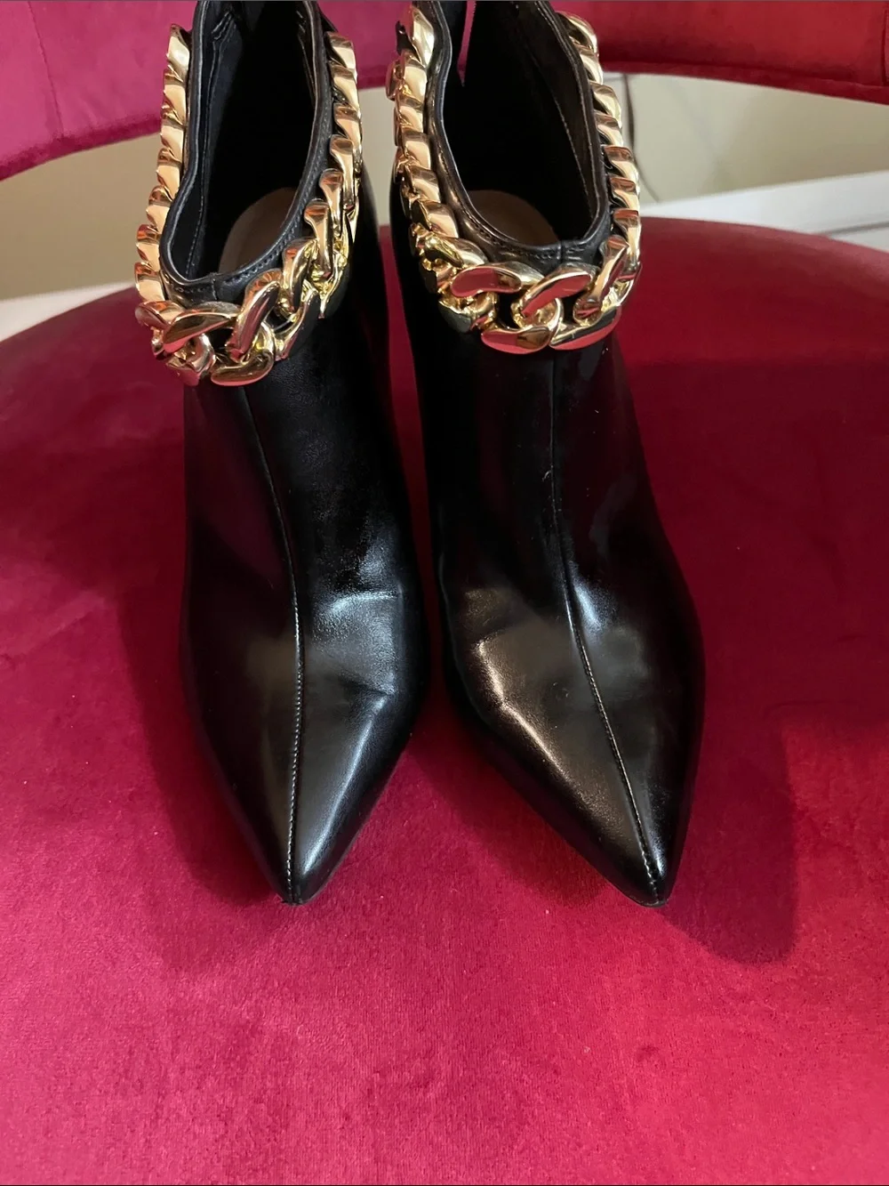 INC International Concepts Black Pointed Ankle Boots with Gold Chain Accent